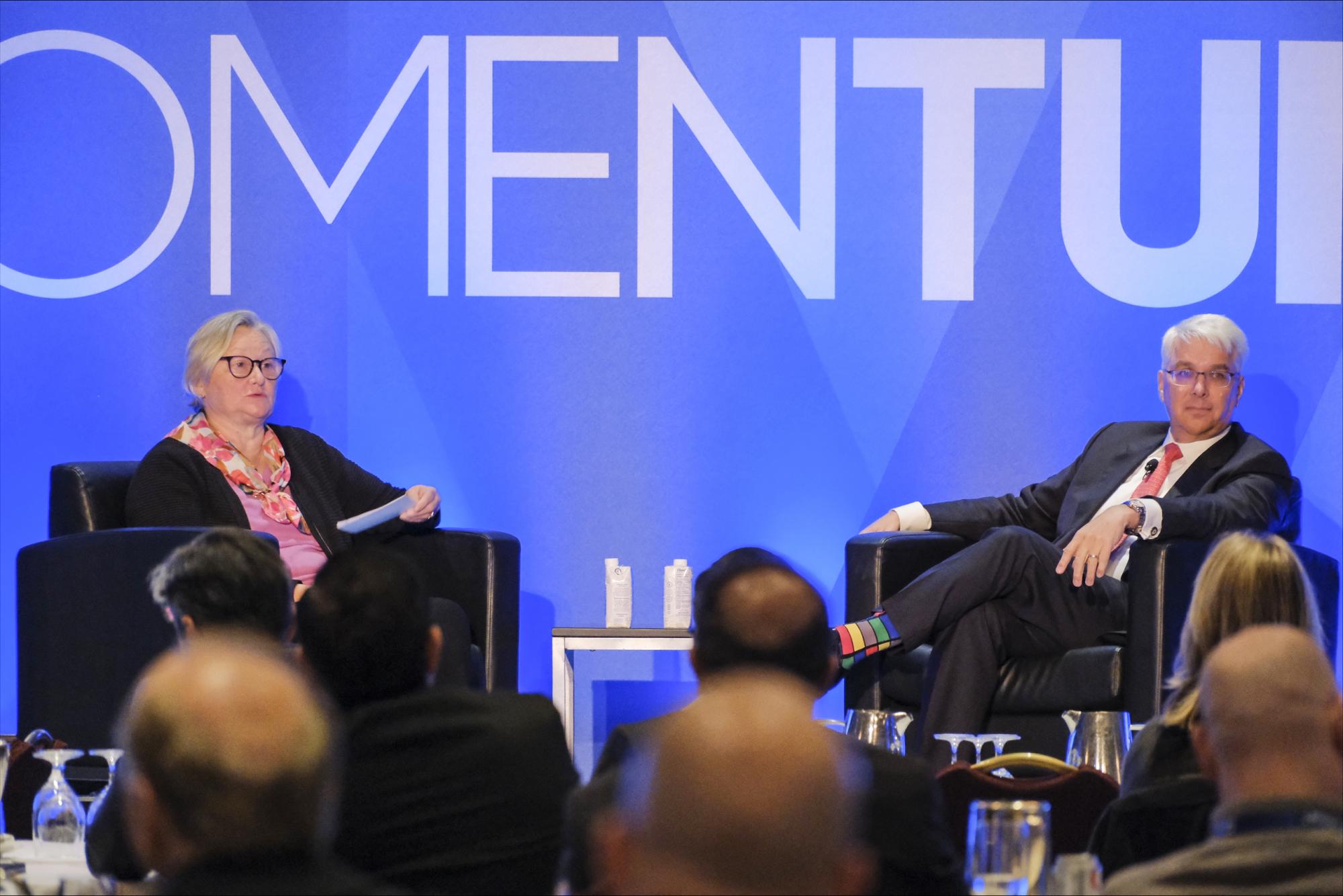 Executive Director, Supervision Ron Morrow (right) participates in Central 1’s Momentum 2023 Summit in November. He provided an overview of and update on the Bank’s development of a retail payments supervisory framework.